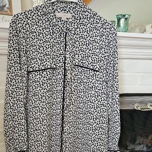 LOFT Black and White Notched Collar Button Down Blouse